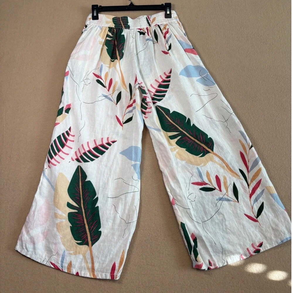 Cynthia Rowley 100% Linen Wide Leg Tropical Leaf Print Pants Cream Small